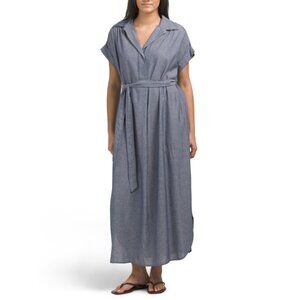 NEW MAX STUDIO LONDON Navy Linen Blend Roll Sleeve Button Front Maxi Dress